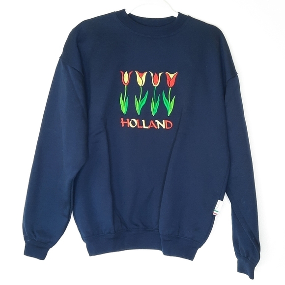 Vintage Dizzy Mallone Italian Leisure Navy Holland Embroidered Tulip Sweatshirt